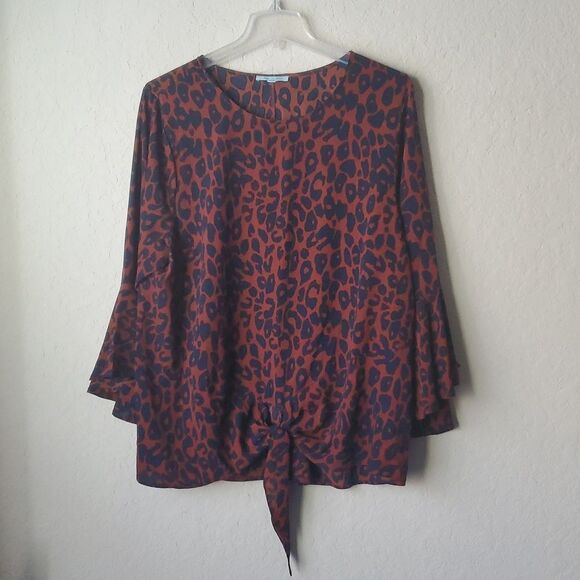She + Sky Tops - She + Sky Rust & Navy Blue Cheetah Print Blouse Plus Size 2XL Front Tie Top